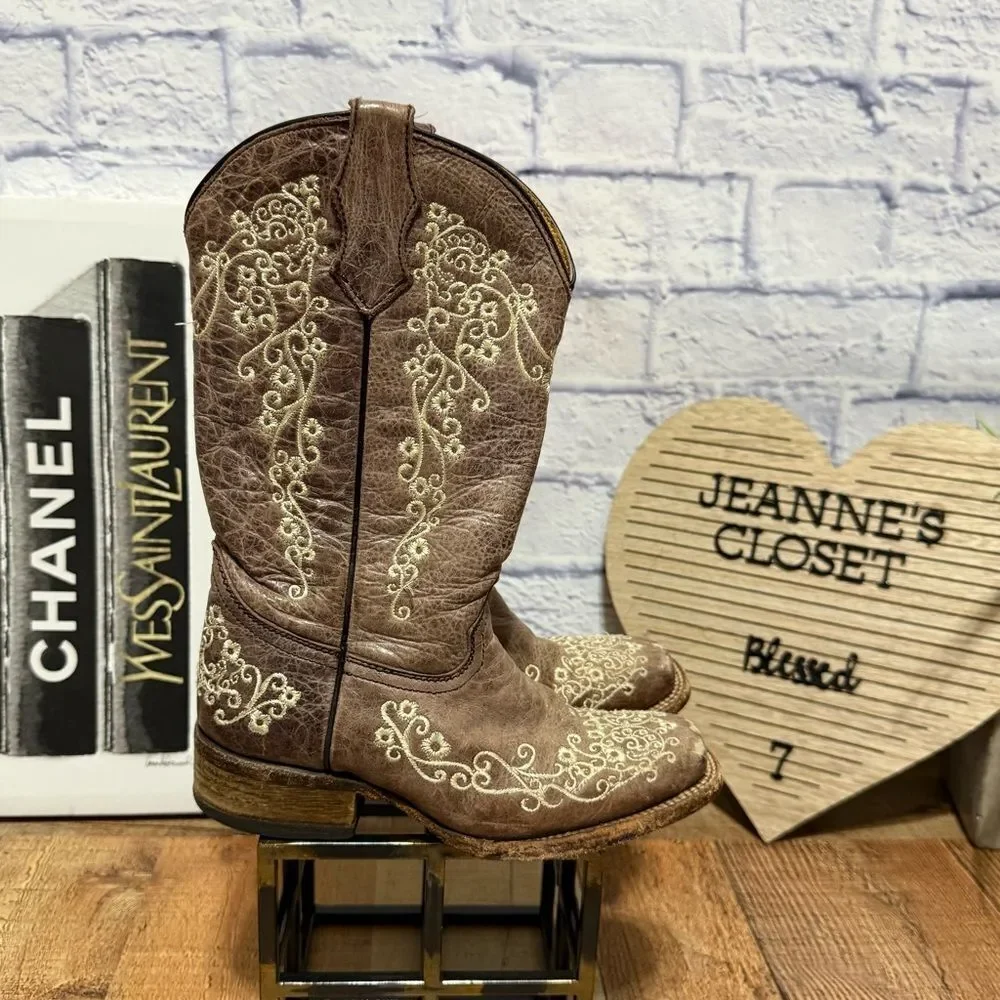 Corral Teens Western Boots Girls Sz 2 Gray Bone Embroidered Cowgirl Square Toe